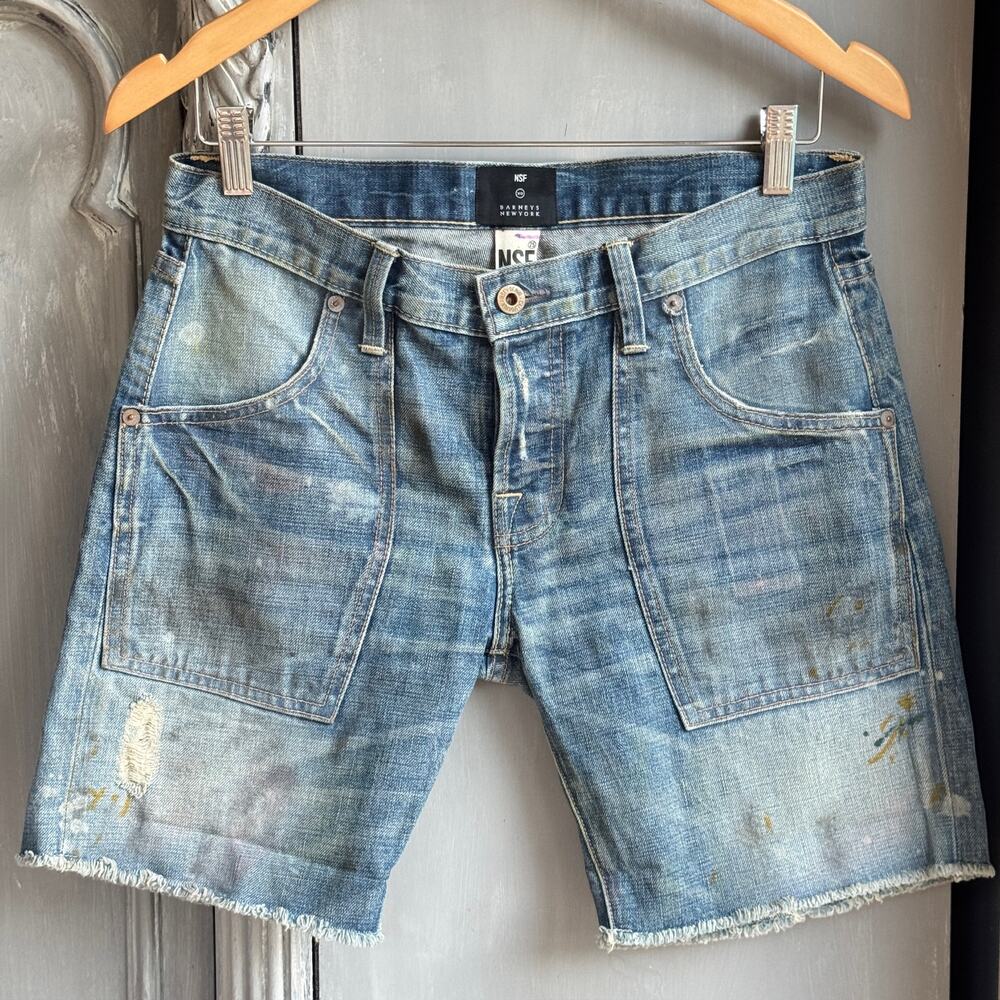 NWOT NSF x Barneys Thrashed Paint Splatter Denim Jean Shorts Size 25